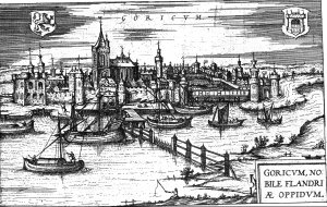 Kopergravure impressie met de stenen stadsmuren.