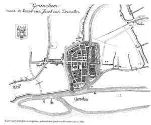 De plattegrond van Gorinchem in de middeleeuwen, met stenen stadsmuren voorzien van 7 poorten en 23 torens