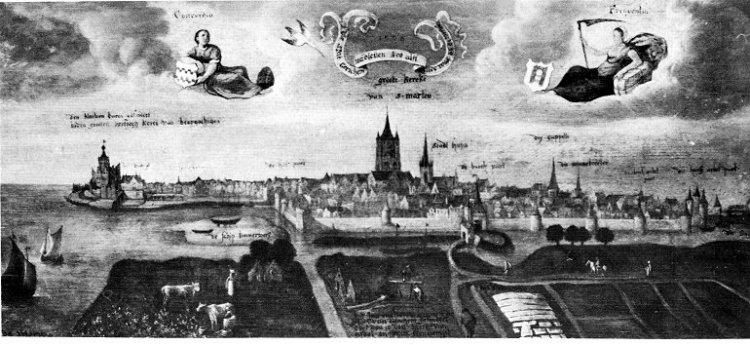 Een vrij accuraat schilderij van Gorinchem gezien vanuit het oosten in 1568
